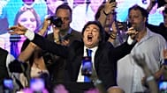 Argentina's President Javier Milei celebrates after winning in legislative midterm elections in Buenos Aires, Argentina, Sunday, Oct. 26, 2025. (AP Photo/Rodrigo Abd)