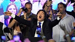 Президент Аргентины Хавьер Милей празднует победу на промежуточных выборах в законодательные органы власти в Буэнос-Айресе, Аргентина, воскресенье, 26 октября 2025 года. (AP Photo/Rodrigo Abd)