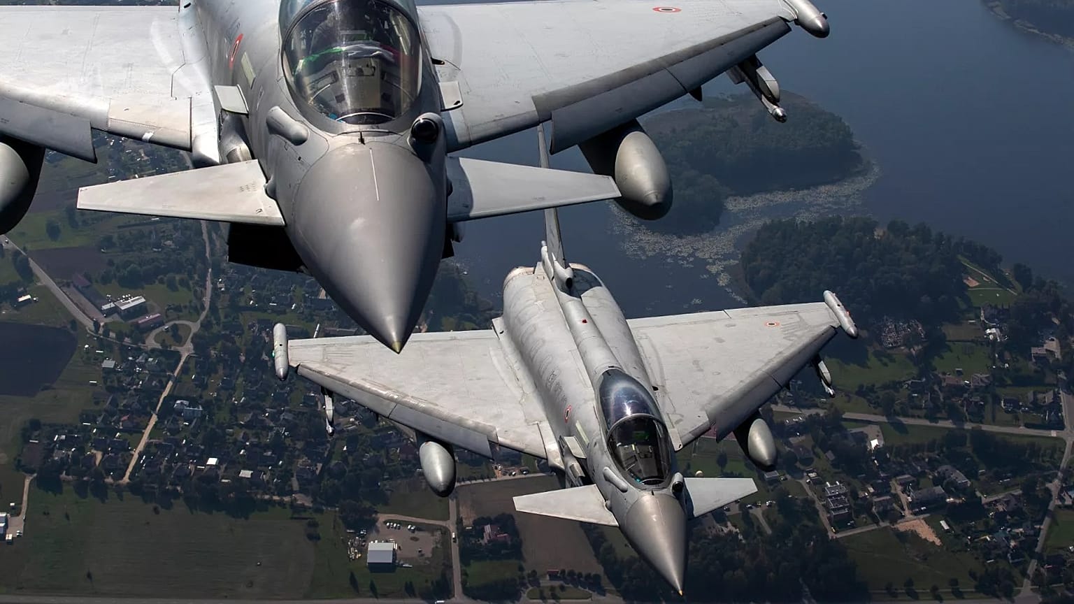 Eurofighter Typhoon military fighter jets participate in NATO's Baltic Air Policing Mission operate in Lithuanian airspace, 12 September, 2023