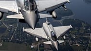 Eurofighter Typhoon military fighter jets participate in NATO's Baltic Air Policing Mission operate in Lithuanian airspace, 12 September, 2023
