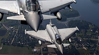 Eurofighter Typhoon military fighter jets participate in NATO's Baltic Air Policing Mission operate in Lithuanian airspace, 12 September, 2023