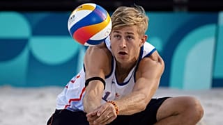 Steven Van De Velde hits the ball during the men's Pool B beach volleyball match between Norway and the Netherlands at Eiffel Tower Stadium, 2 August, 2024