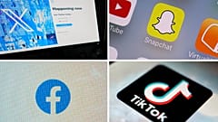 Esta combinação de fotografias mostra os logótipos do X, anteriormente conhecido como Twitter, em cima à esquerda; Snapchat, em cima à direita; Facebook, em baixo à esquerda; e TikTok, em baixo à direita.