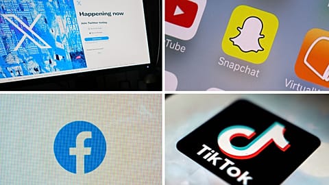 his combination of photos shows logos of X, formerly known as Twitter, top left; Snapchat, top right; Facebook, bottom left; and TikTok, bottom right.