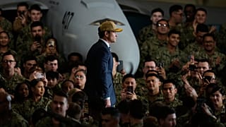 US Defence Secretary Pete Hegseth delivers his speech to soldiers and servicemen at the US Navy's Yokosuka base in Yokosuka, south of Tokyo, 28 October 2025