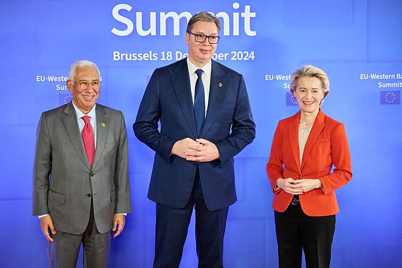 António Costa, President of the European Council, Aleksandar Vučić, President of Serbia, and Ursula von der Leyen (from left to right)
