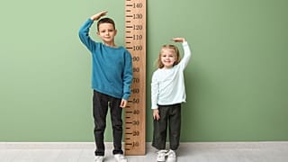 صبي وفتاة يقفان إلى جانب مقياس للطول.