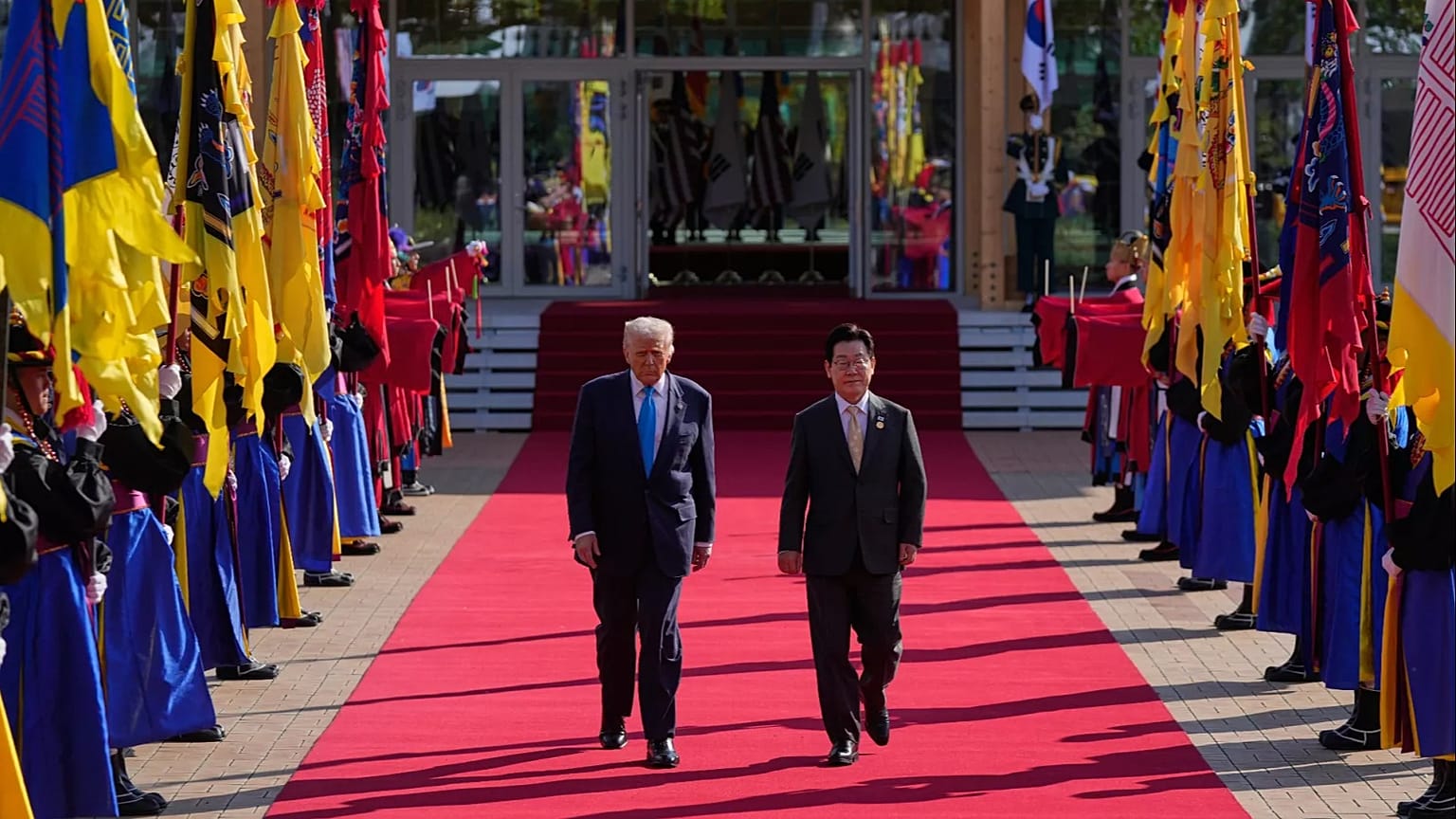 President Donald Trump and South Korean President Lee Jae Myung walk in a welcome ceremony at the Gyeongju National Museum in Gyeongju, South Korea, Wednesday, Oct. 29, 2025.