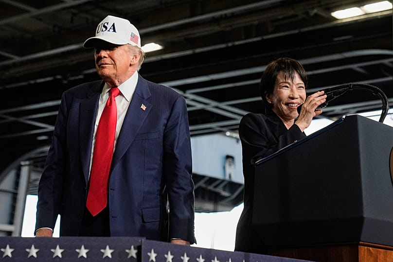 Japanese Prime Minister Sanae Takaichi with President Donald Trump at an American naval base in Yokosuka, 28 October, 2025