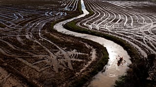 Members of a military emergency unit use a canoe to search the area for bodies washed away by floods in the outskirts of Valencia, Spain, 8 November, 2024