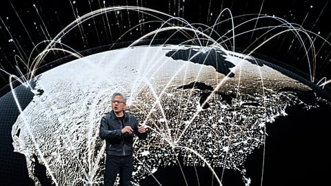 Nvidia CEO Jensen Huang speaks at the Washington Convention Center. 28 Oct. 2025. 