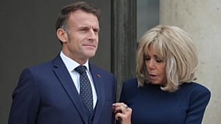 FILE: French President Emmanuel Macron and his wife Brigitte Macron wait for Jordan's Crown Prince Hussein at the presidential Elysee Palace in Paris, 8 October 2025