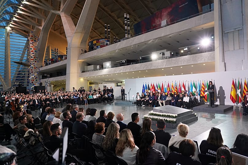 Public figures and relatives of the victims attend a memorial ceremony marking one year since floods that killed more than 230 people in Valencia, 29 October, 2025