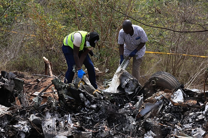 Directorate of Criminal Investigations and Aircraft Accident Investigators inspect the scene of a plane crash near Diani, 29 October, 2025