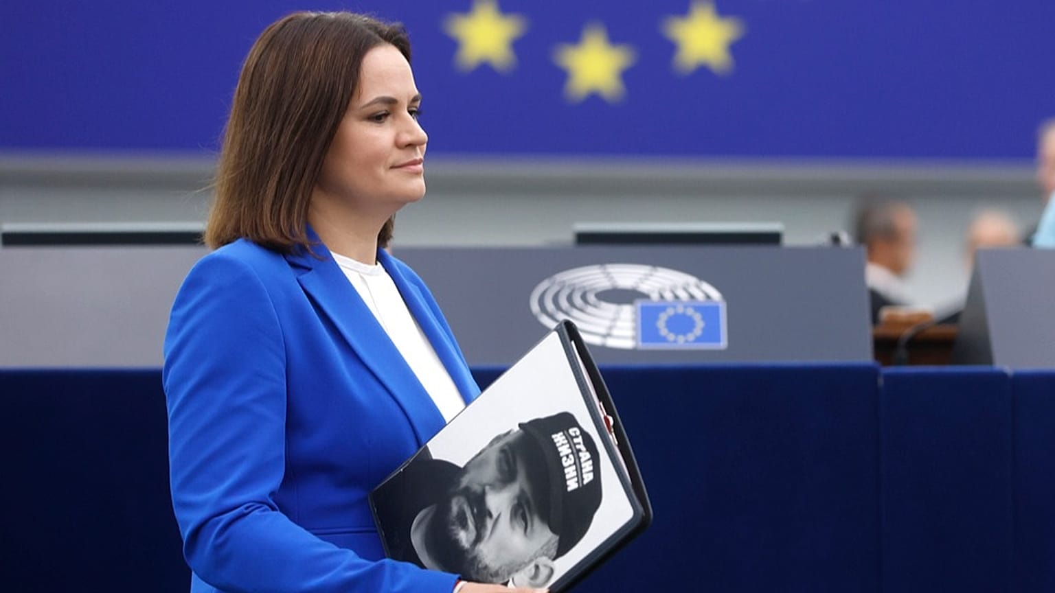 Sviatlana Tsikhanouskaya from Belarus arrives to deliver a speech at the European Parliament, Wednesday, Sept. 13, 2023 in Strasbourg