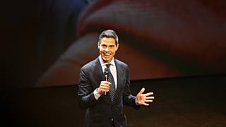Rob Jetten, leader of the center-left D66 party, speaks on stage during exit poll results an election venue during a general election in Leiden