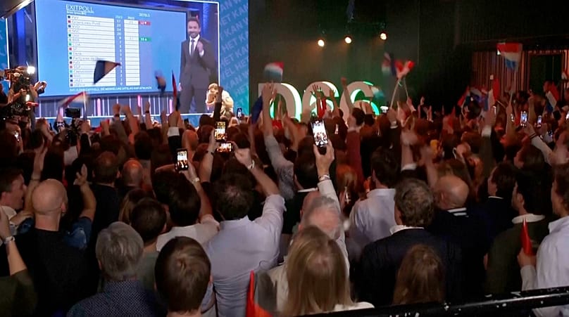 Wide of supporters of GroenLInks -PvdA (Green Left) reacting to exit poll
