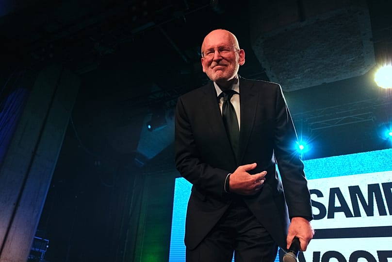 Frans Timmermans, of the center-left two party bloc of Labor Party and Green Left, speaks on stage during early exit poll results for the PvdA party at an election venue