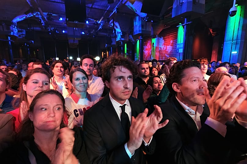 Jesse Klaver, center, leader of the Green Left party, during early exit poll results for the PvdA party at an election venue