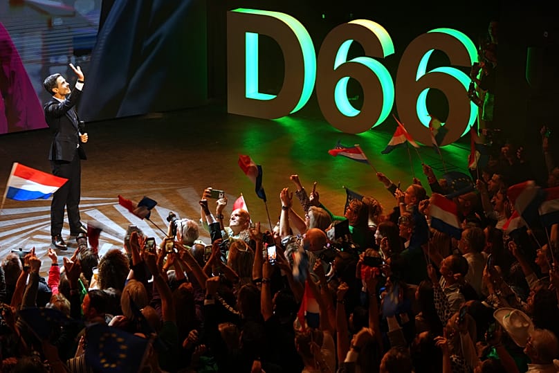 Rob Jetten, leader of the center-left D66 party, speaks on stage during exit poll results an election venue during a general election in Leiden, Netherlands