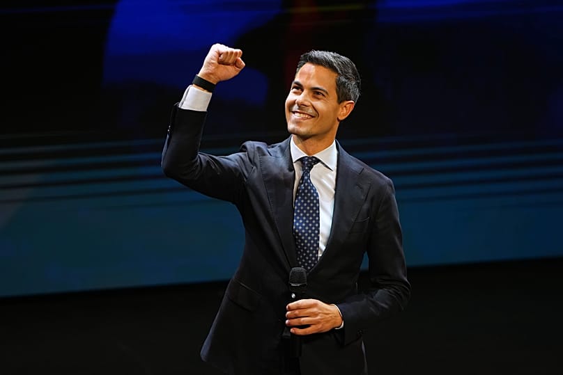 Rob Jetten, leader of the center-left D66 party, speaks on stage during exit poll results an election venue during a general election in Leiden