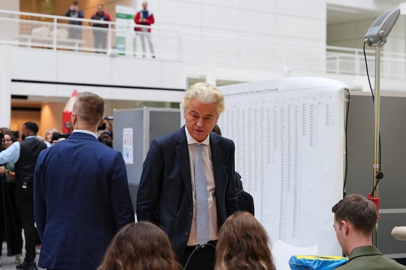 Geert Wilders arrives to vote at a polling station during general elections in The Hague, Netherlands