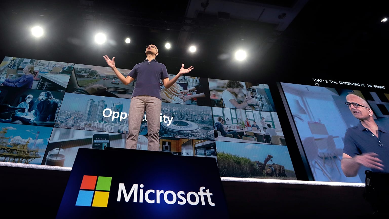 FILE. Microsoft CEO Satya Nadella delivers the keynote address at Build, the company's annual conference for software developers in Seattle. May 2019