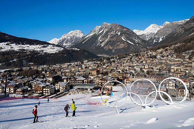  Olympic rings near a slope of the Stelvio Ski Center, venue for the alpine ski and ski mountaineering disciplines at the Milan Cortina 2026 Winter Olympics, in Bormio