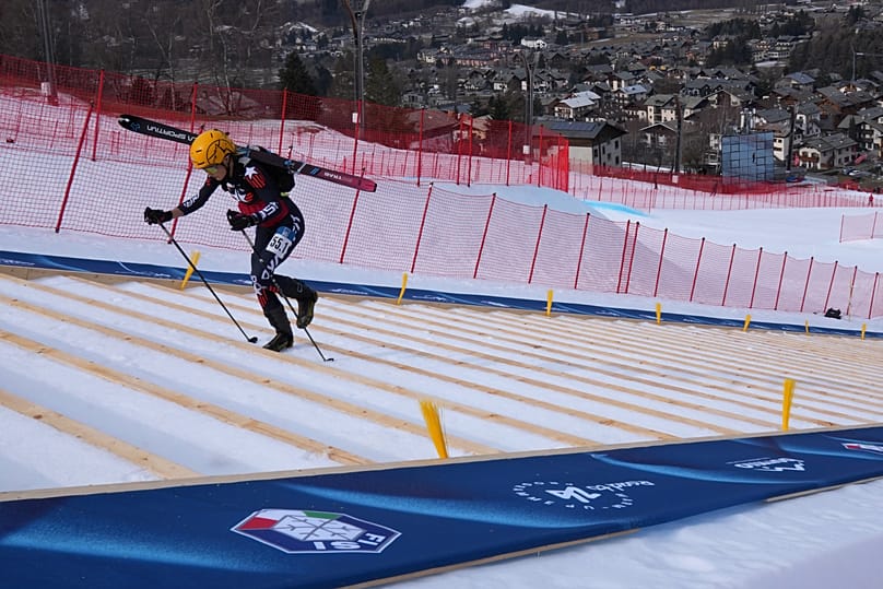 United States' Kelly Wolf competes during the women's mixed relay race at the Ski Mountaineering World Cup event in Bormio, Italy, Sunday, Feb. 23, 2025