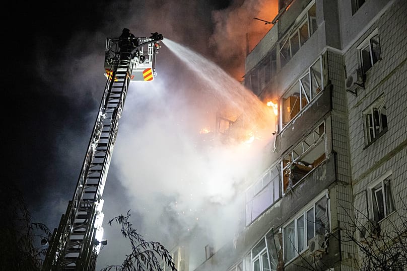 Emergency personnel work to extinguish a fire in Sumy, 31 October, 2025