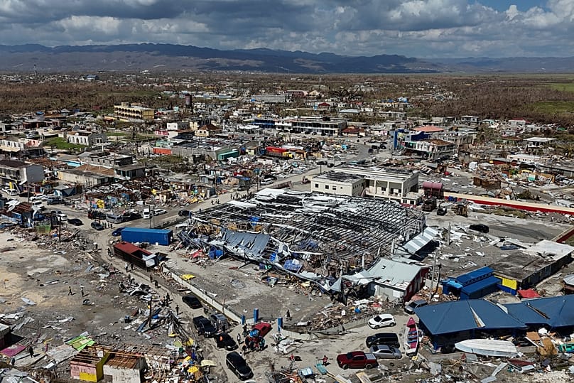 An aerial view of Black River, Jamaica, Thursday, Oct. 30, 2025, in the aftermath of Hurricane Melissa
