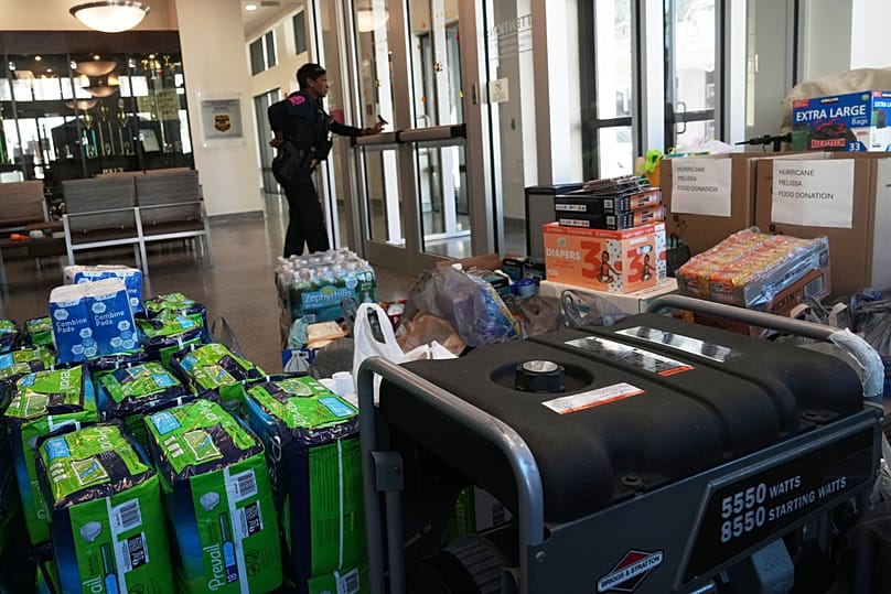 Donated emergency supplies for Jamaica sit in the lobby at the Miramar Police Department Thursday, Oct. 30, 2025, in Miramar, Fla.