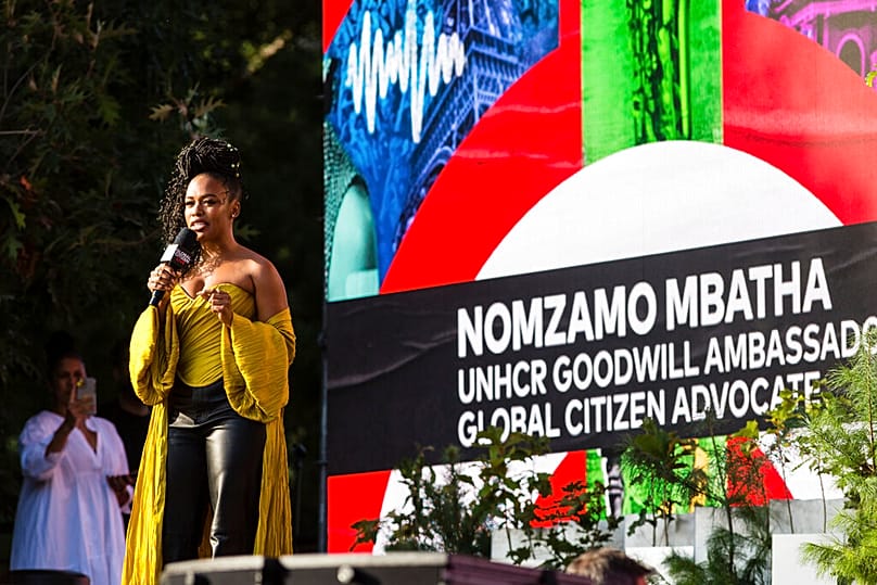 United Nations High Commissioner for Refugees Goodwill Ambassador Nomzamo Mbatha speaks during the Global Citizen festival, Saturday, Sept. 25, 2021, in New York