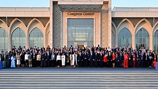 Heads of state, ministers, and UNESCO representatives pose for a family photo outside the Samarkand Congress Center, the host venue for UNESCO’s 43rd General Conference