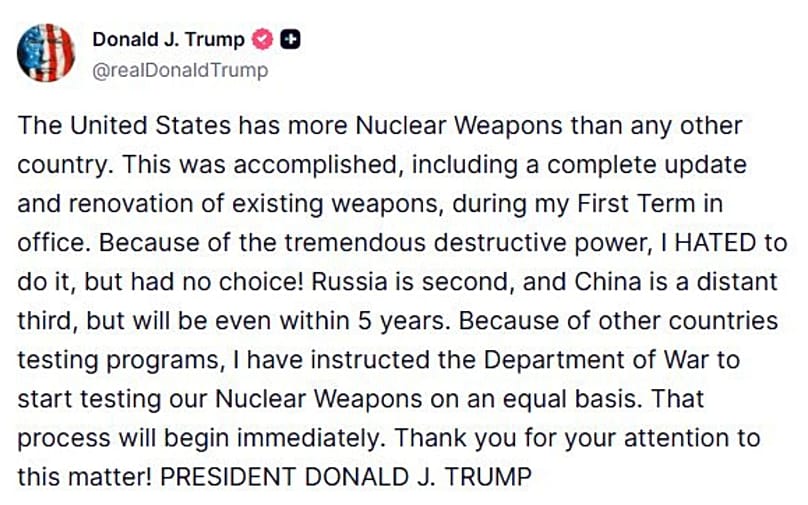 مطلب منتشر شده از سوی دونالد ترامپ در شبکه اجتماعی تروث سوشال در باره آزمایش هستهای