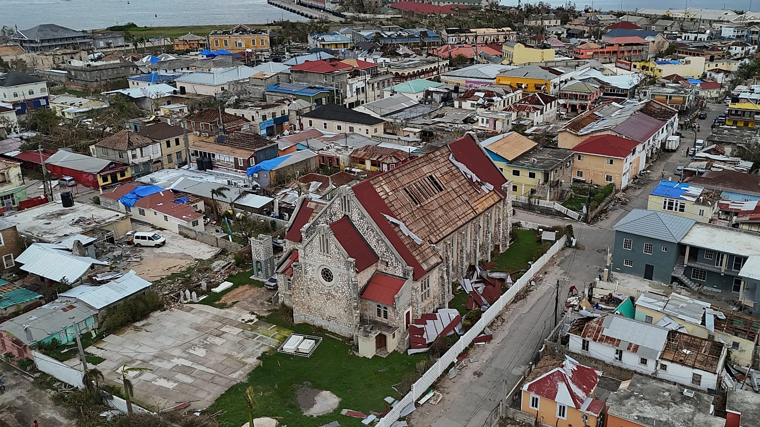 An aerial view of Falmouth, Jamaica, Friday, Oct. 31, 2025, in the aftermath of Hurricane Melissa.
