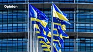 European and Ukrainian flags fly outside the European Parliament in Strasbourg, 8 March 2022 