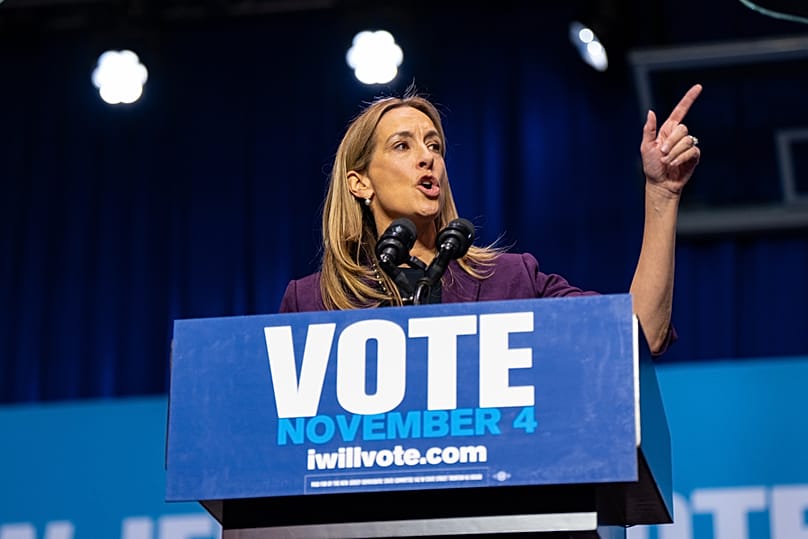 New Jersey Democratic gubernatorial candidate Mikie Sherrill speaks at her rally during a campaign event with former President Barack Obama, Saturday, Nov. 1, 2025, in Newark,