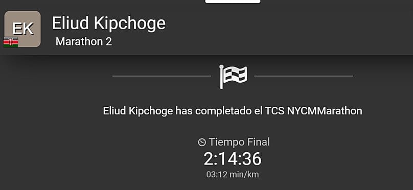 Tiempo final del Eliud Kipchoge, 2 de noviembre de 2025