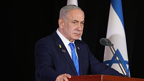 Israeli Prime Minister Benjamin Netanyahu participate in the state memorial ceremony for the soldiers killed in the War, at Mt. Herzl, In Jerusalem, Thursday, Oct. 16, 2025.
