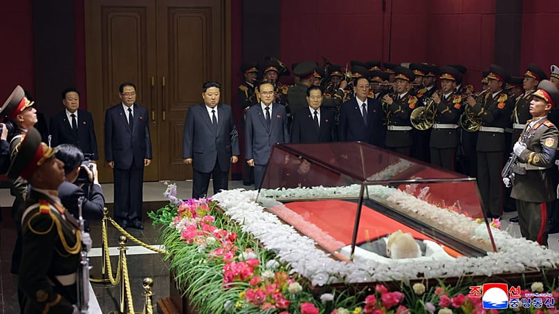 In this photo provided by the North Korean government, its leader Kim Jong Un, back third left, offers his condolences in front of the coffin of Kim Yong Nam at an undisclosed