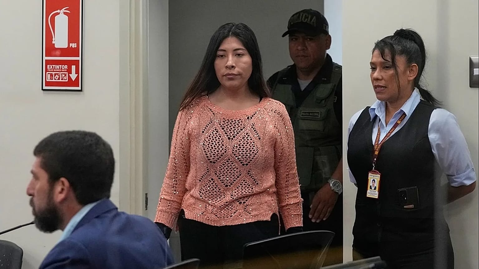 Peruvian former Prime Minister Betssy Chavez arrives for her trial on charges of rebellion and conspiracy against the state at a police base on the outskirts of Lima, Peru