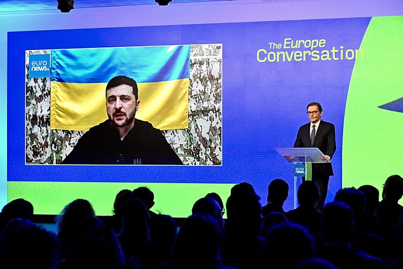 Ukrainian President Volodymyr Zelenskyy takes part in Euronews' Enlargement summit via videoconference on 4 November, 2025.