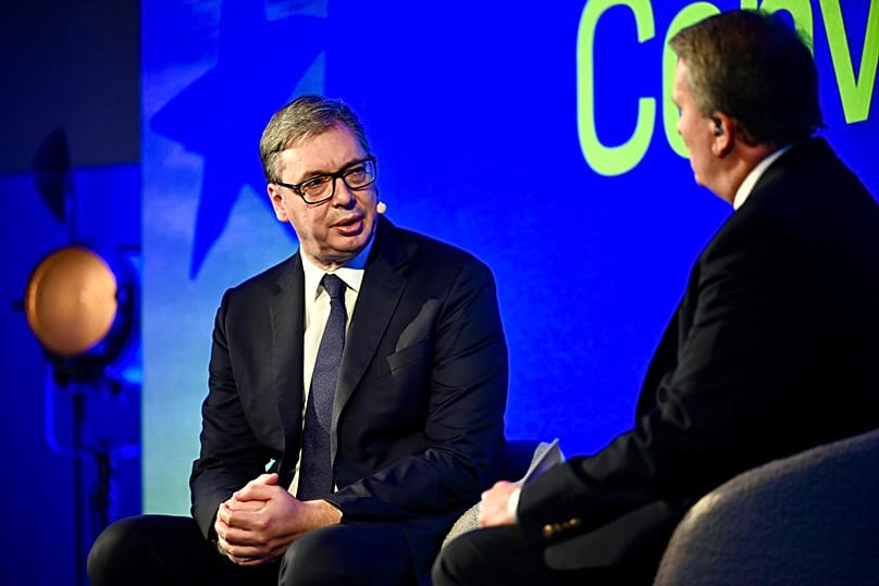 Serbian President Aleksandar Vučić takes part in Euronews' Enlargement Summit in Brussels on 4 November 2025.