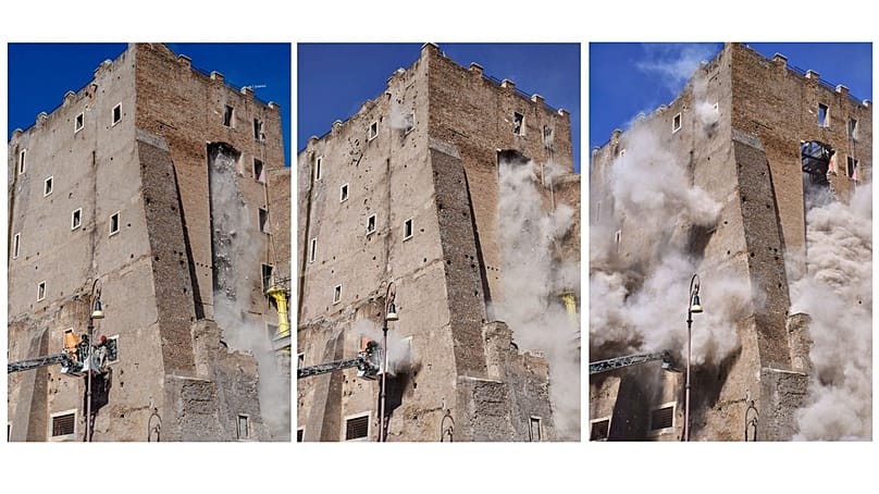 This combo of three pictures shows a cloud of debris from a second collapse surrounding firefighters in Rome, Italy, Monday, Nov. 3, 2025.