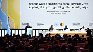Uzbekistan’s President, Shavkat Mirziyoyev, during his speech in the Second World Summit for Social Development in Doha