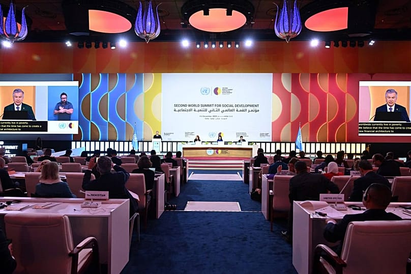 Uzbekistan’s President, Shavkat Mirziyoyev, during his speech in the Second World Summit for Social Development in Doha