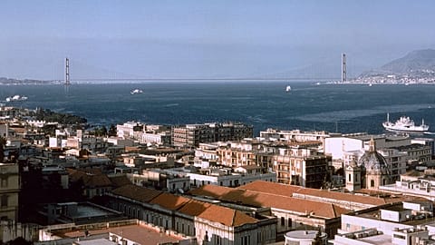 FILE- The Messina bridge, proposed by the "Ponte di Messina S.p.A.", is seen as it is suppose to appear from the Belvedere of Messina in this photo simulation, April 18, 2001 