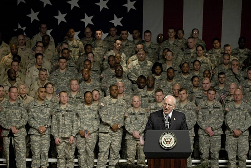 Vice President Dick Cheney speaks to troops during a rally for the 10th Mountain Division and the 42nd Infantry at Fort Drum, 6 December, 2005