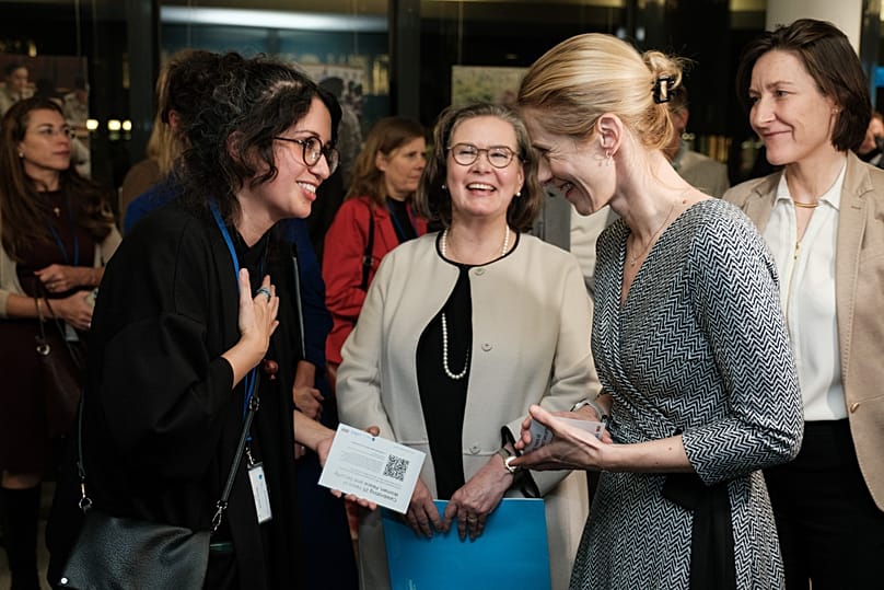 Photographer Maryam Ashrafi speaking with EU High Representative Kaja Kallas at the photo exhibition in honour of the WPS agenda anniversary in Brussels, Belgium. 4 Nov, 2025.